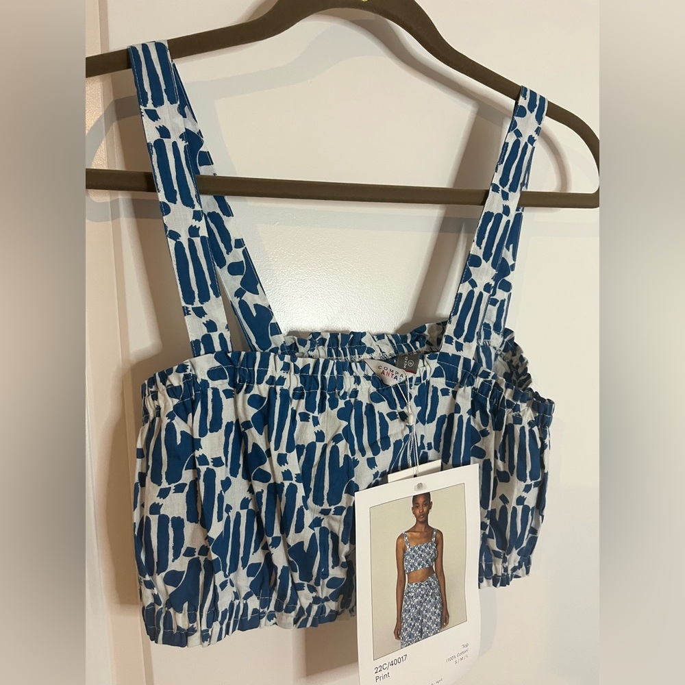 Compañia Fantastica NWT Crop Top Bralette 100% Cotton Blue White Abstract Print